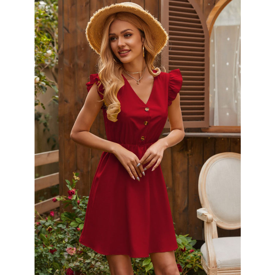 Ruffled V-Neck Cap Sleeve Mini Dress Apparel and Accessories