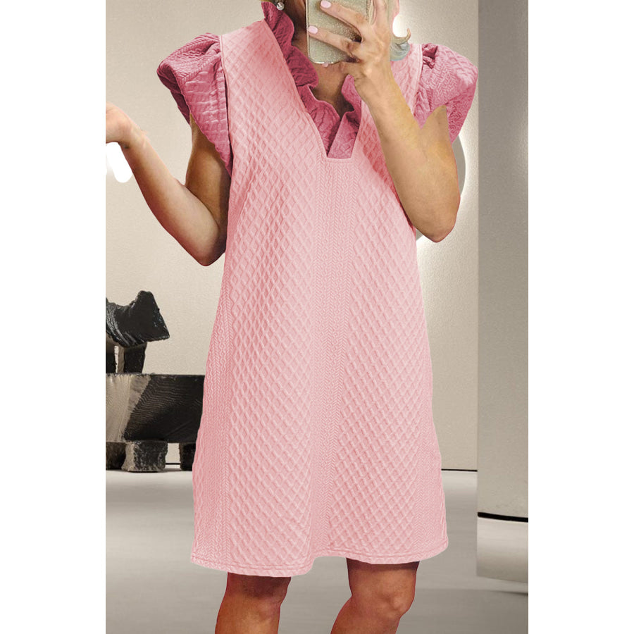 Ruffled V-Neck Cap Sleeve Mini Dress Blush Pink / XL Apparel and Accessories
