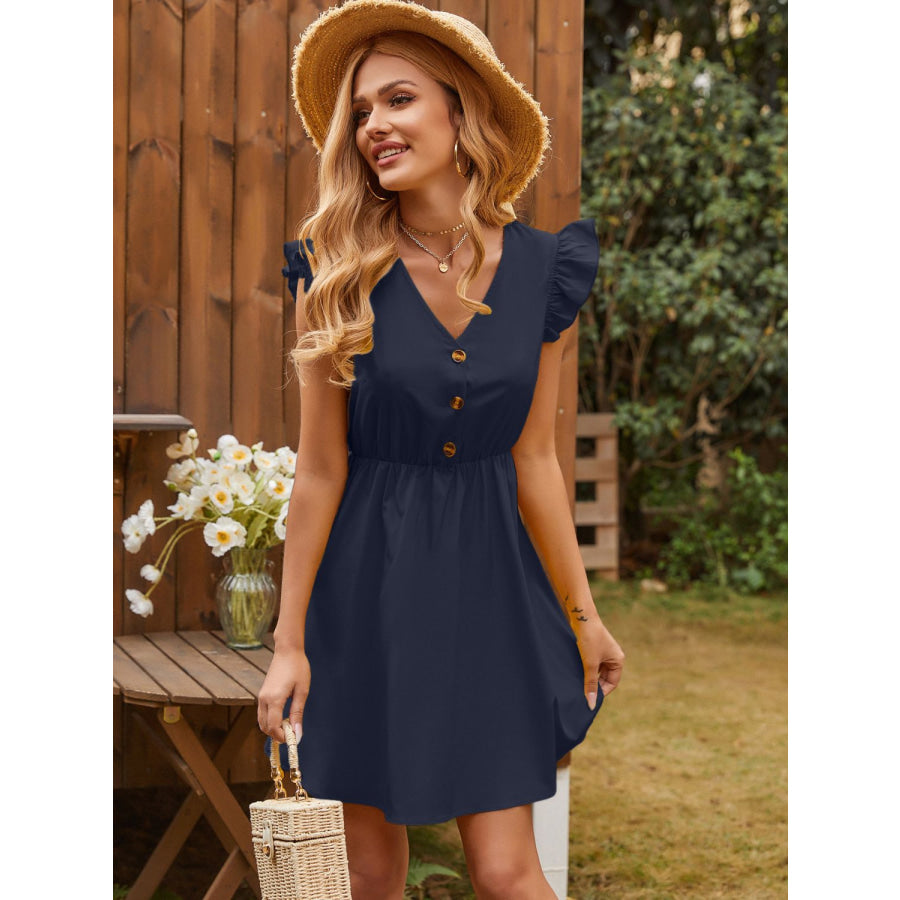 Ruffled V-Neck Cap Sleeve Mini Dress Indigo / S Apparel and Accessories