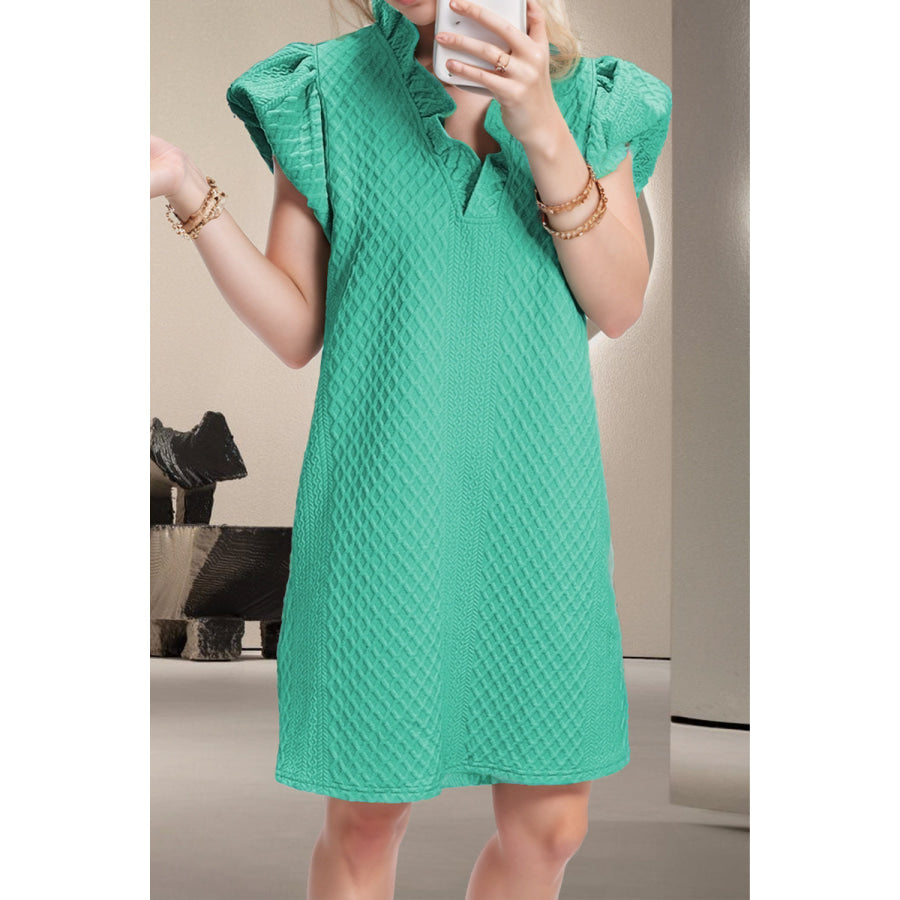 Ruffled V - Neck Cap Sleeve Mini Dress Teal / S Apparel and Accessories
