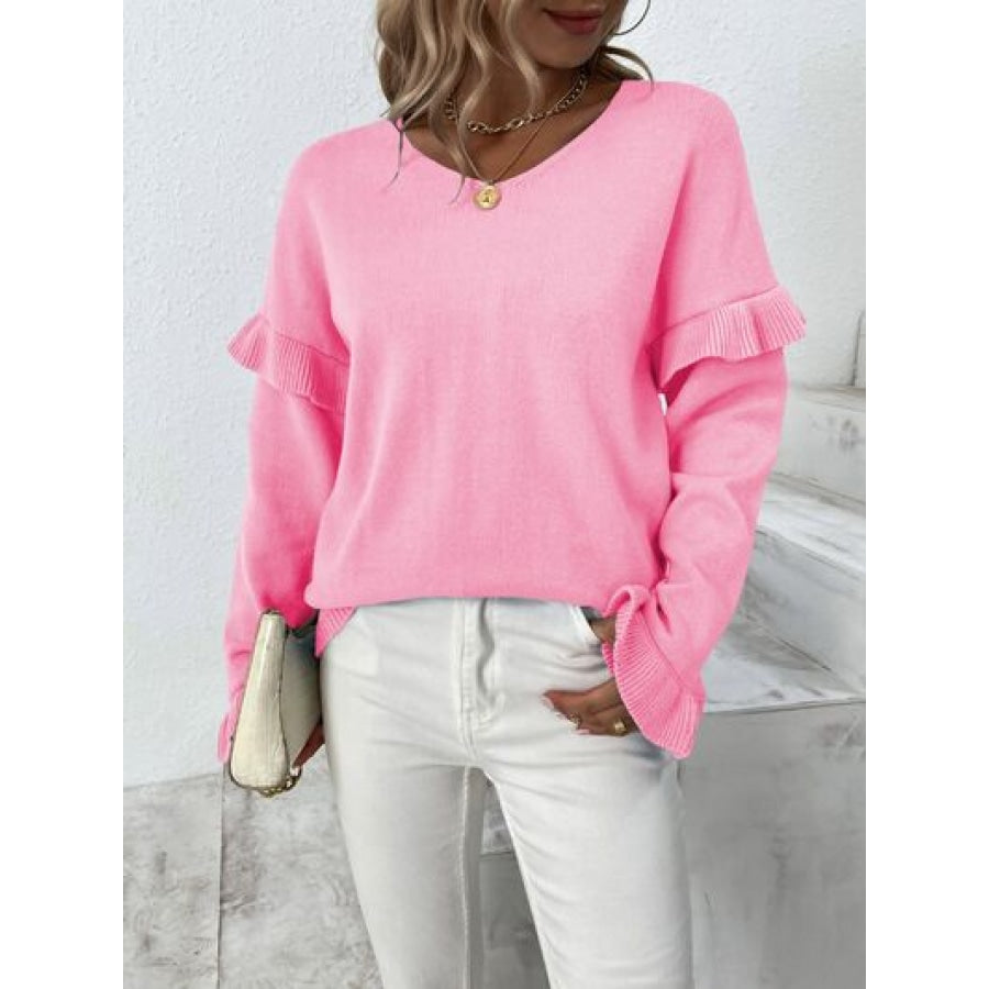 Ruffled V-Neck Dropped Shoulder Sweater Carnation Pink / S Clothing