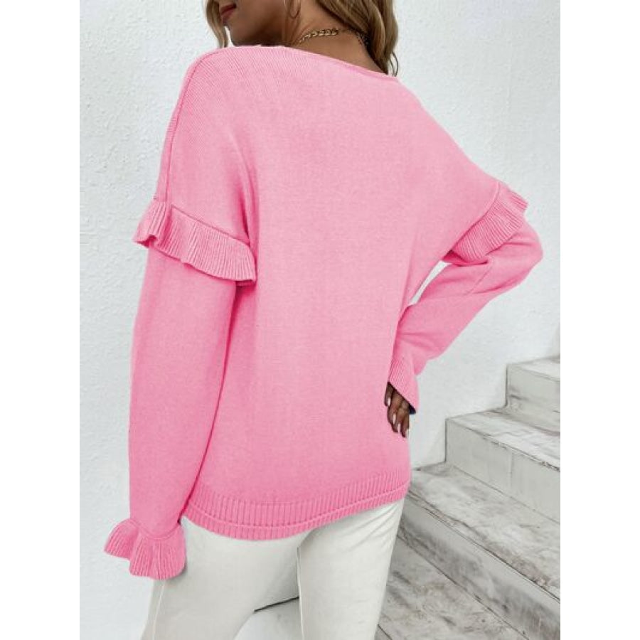 Ruffled V-Neck Dropped Shoulder Sweater Clothing