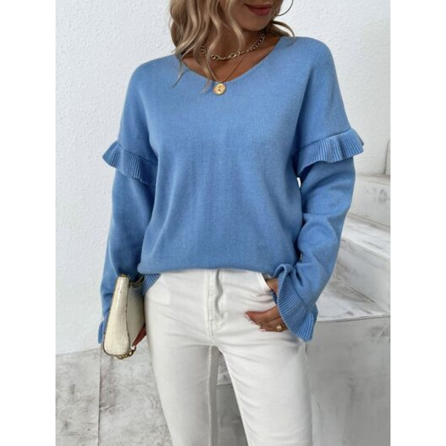 Ruffled V-Neck Dropped Shoulder Sweater Clothing