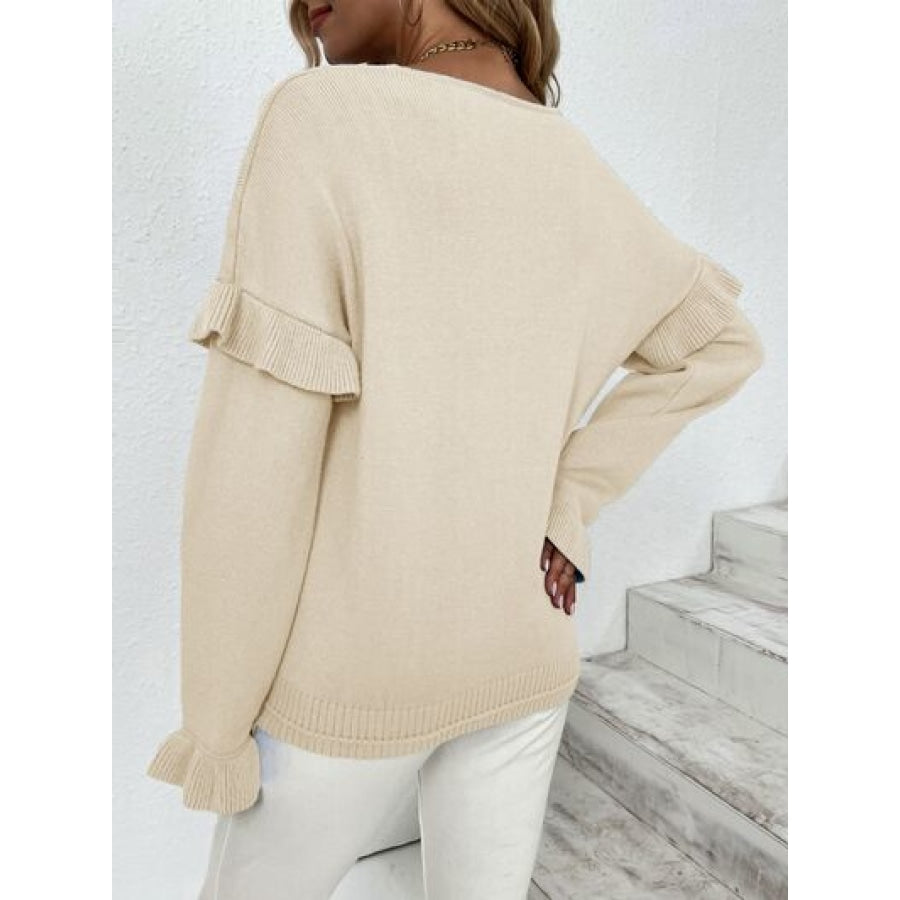 Ruffled V-Neck Dropped Shoulder Sweater Clothing