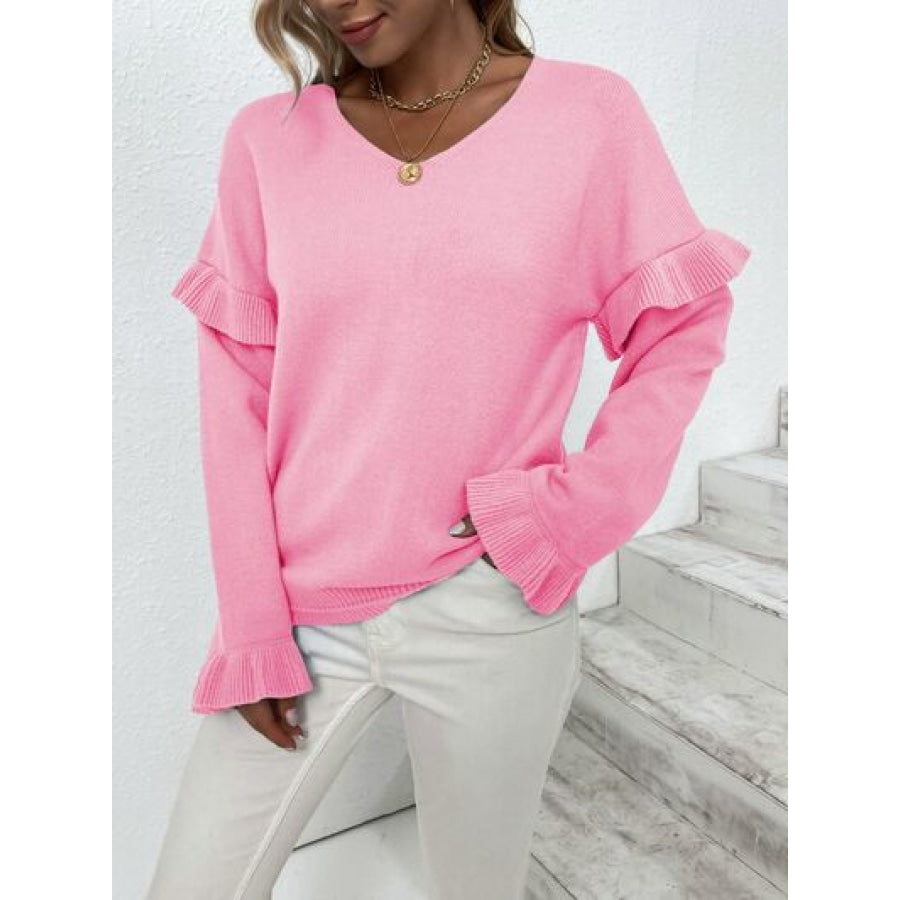 Ruffled V-Neck Dropped Shoulder Sweater Clothing