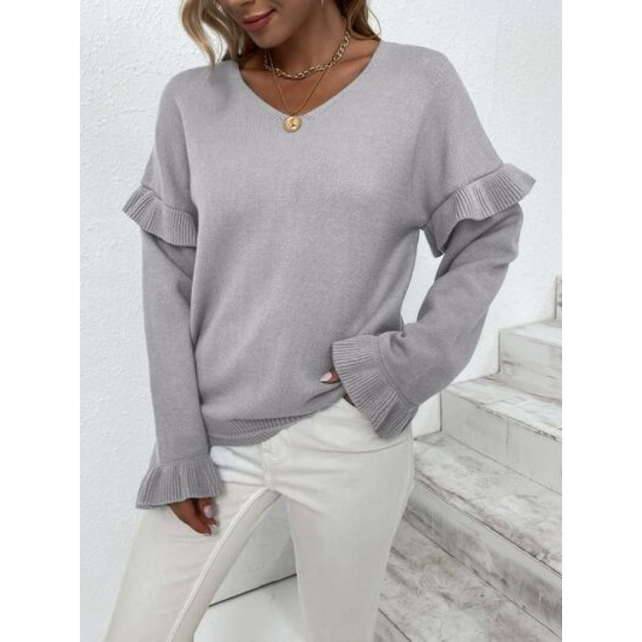 Ruffled V-Neck Dropped Shoulder Sweater Clothing