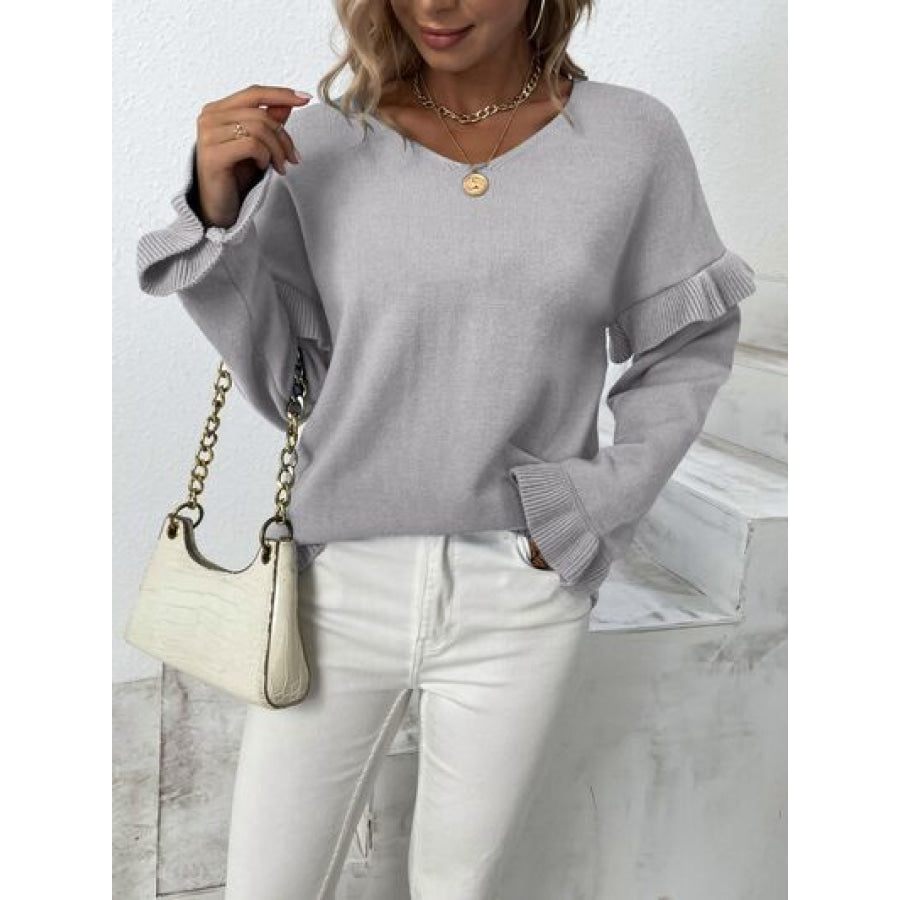 Ruffled V-Neck Dropped Shoulder Sweater Clothing