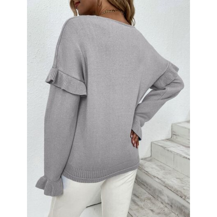 Ruffled V-Neck Dropped Shoulder Sweater Clothing