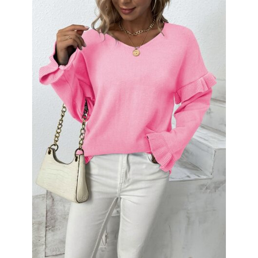 Ruffled V-Neck Dropped Shoulder Sweater Clothing