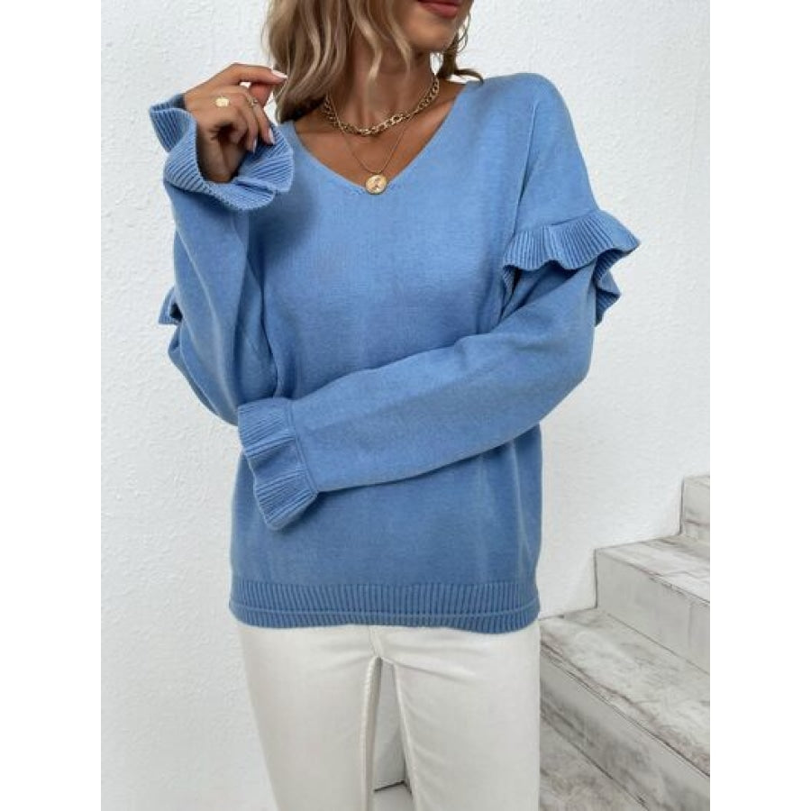 Ruffled V-Neck Dropped Shoulder Sweater Clothing