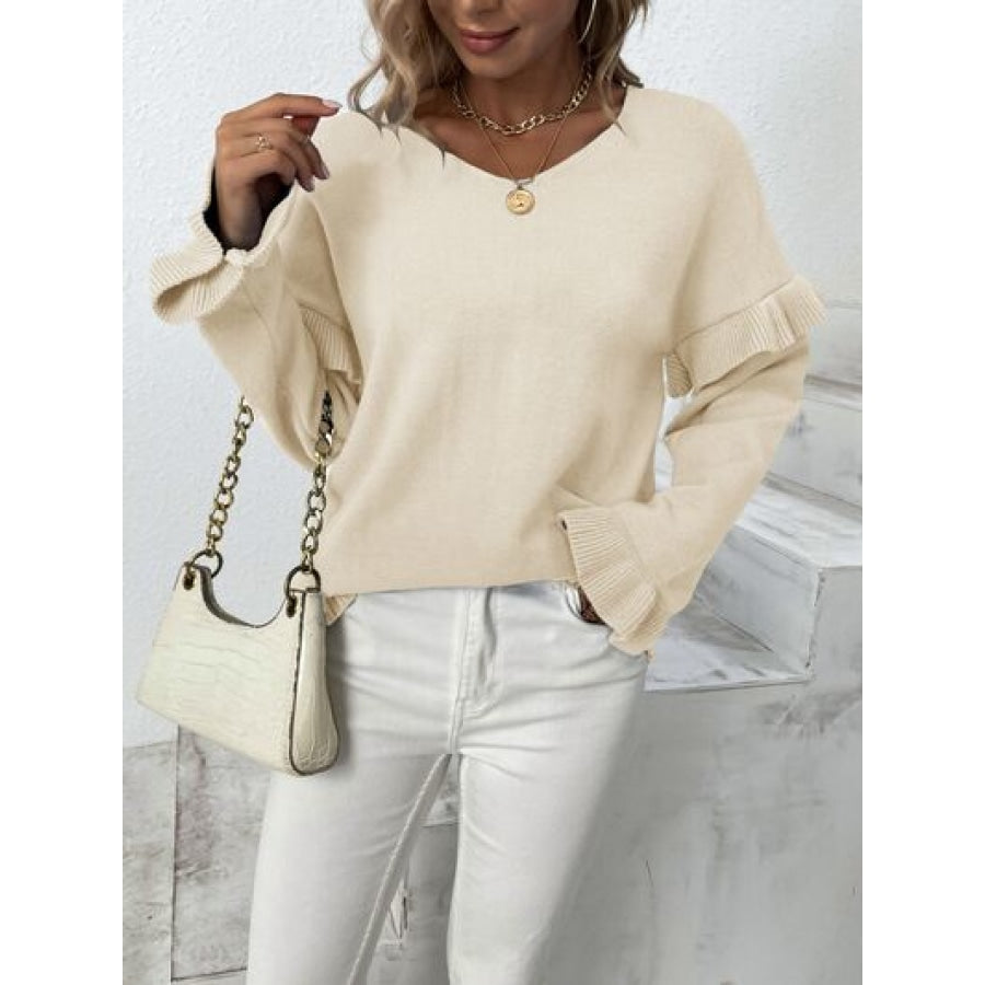 Ruffled V-Neck Dropped Shoulder Sweater Clothing