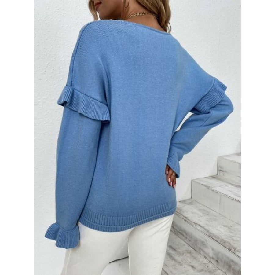 Ruffled V-Neck Dropped Shoulder Sweater Clothing