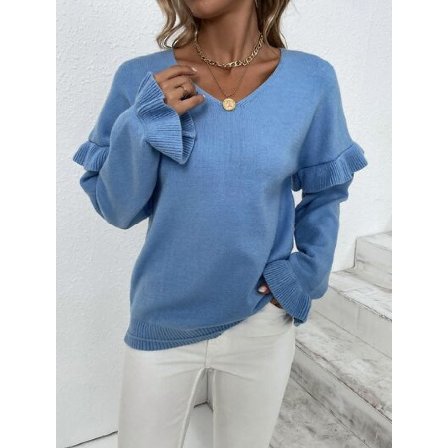 Ruffled V-Neck Dropped Shoulder Sweater Clothing