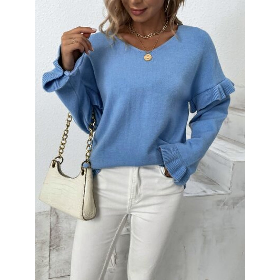 Ruffled V-Neck Dropped Shoulder Sweater Clothing