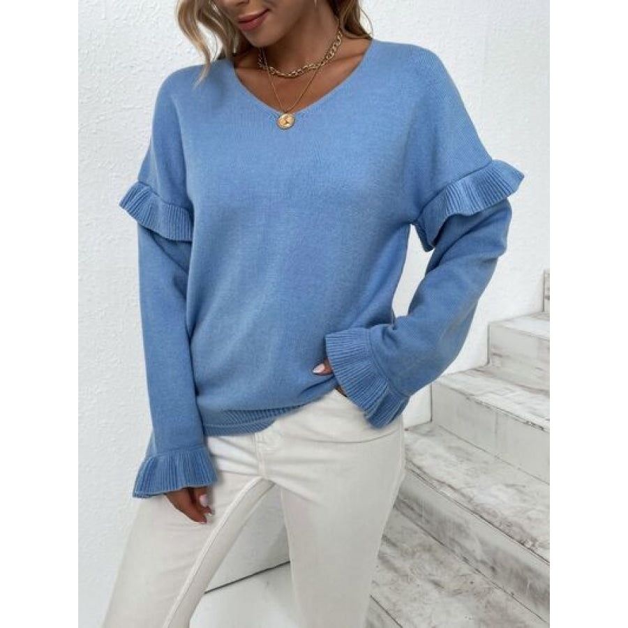 Ruffled V-Neck Dropped Shoulder Sweater Clothing