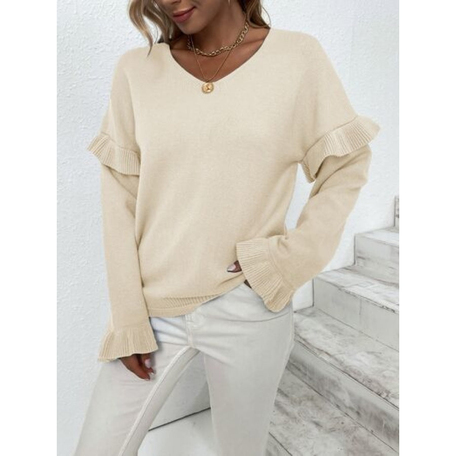 Ruffled V-Neck Dropped Shoulder Sweater Clothing