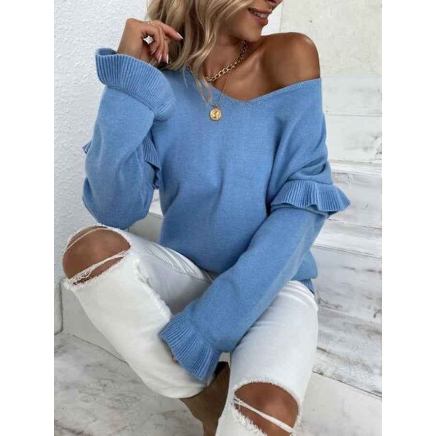 Ruffled V-Neck Dropped Shoulder Sweater Dusty Blue / S Clothing