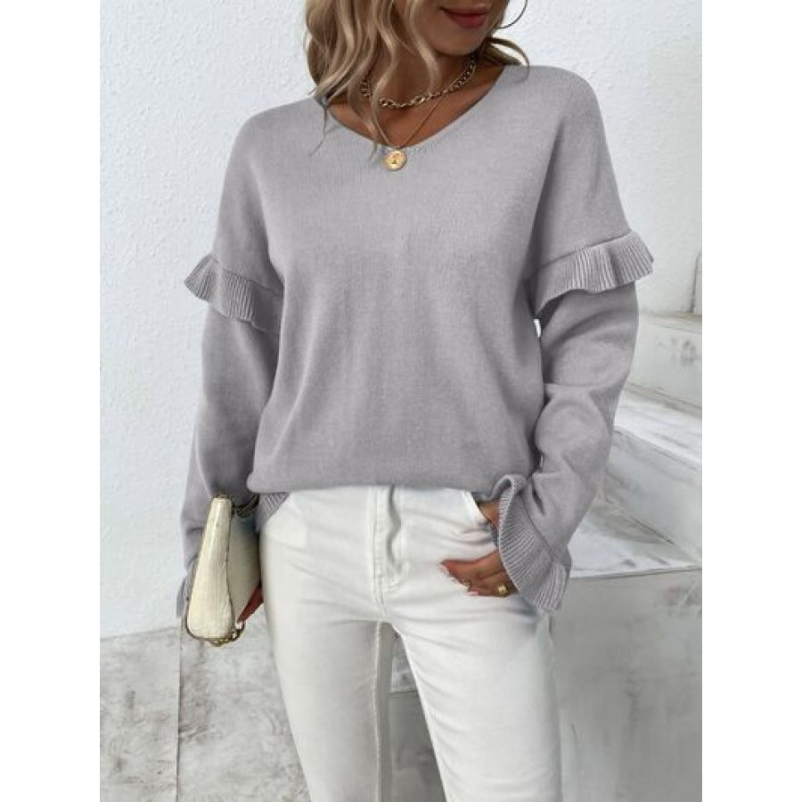 Ruffled V-Neck Dropped Shoulder Sweater Heather Gray / S Clothing