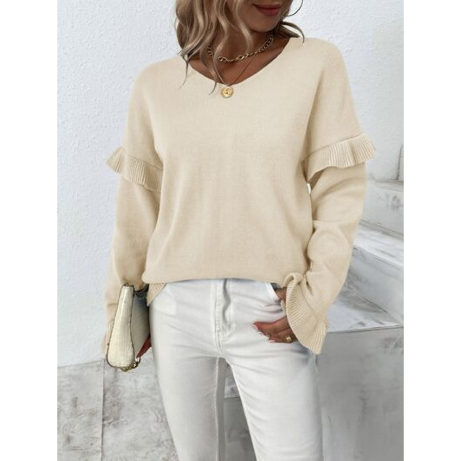 Ruffled V-Neck Dropped Shoulder Sweater Sand / S Clothing