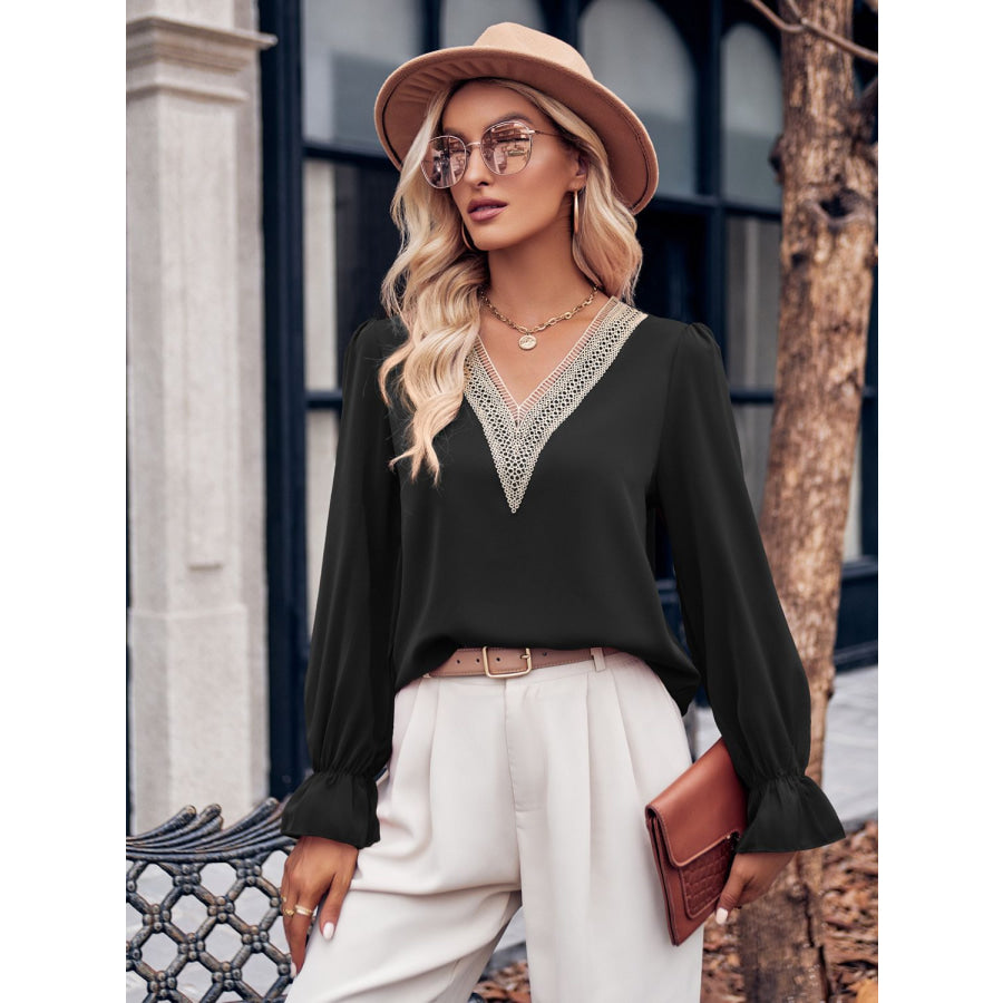 Ruffled V-Neck Flounce Sleeve Blouse Apparel and Accessories