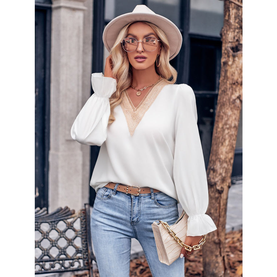 Ruffled V-Neck Flounce Sleeve Blouse Apparel and Accessories