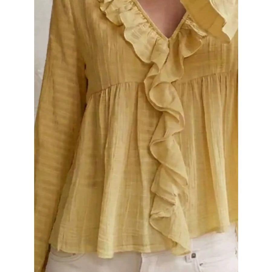 Ruffled V-Neck Flounce Sleeve Blouse Apparel and Accessories