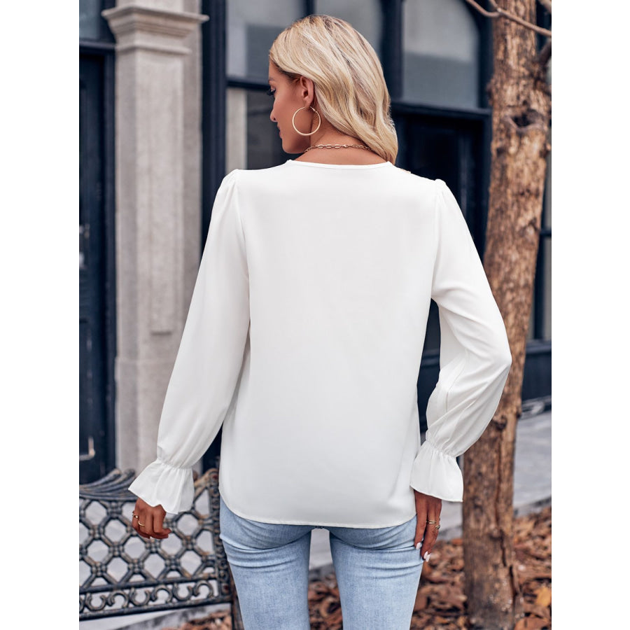 Ruffled V-Neck Flounce Sleeve Blouse White / S Apparel and Accessories