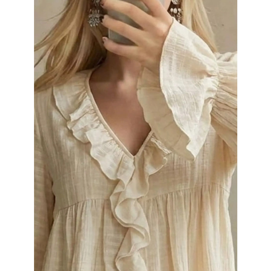 Ruffled V-Neck Flounce Sleeve Blouse Apparel and Accessories