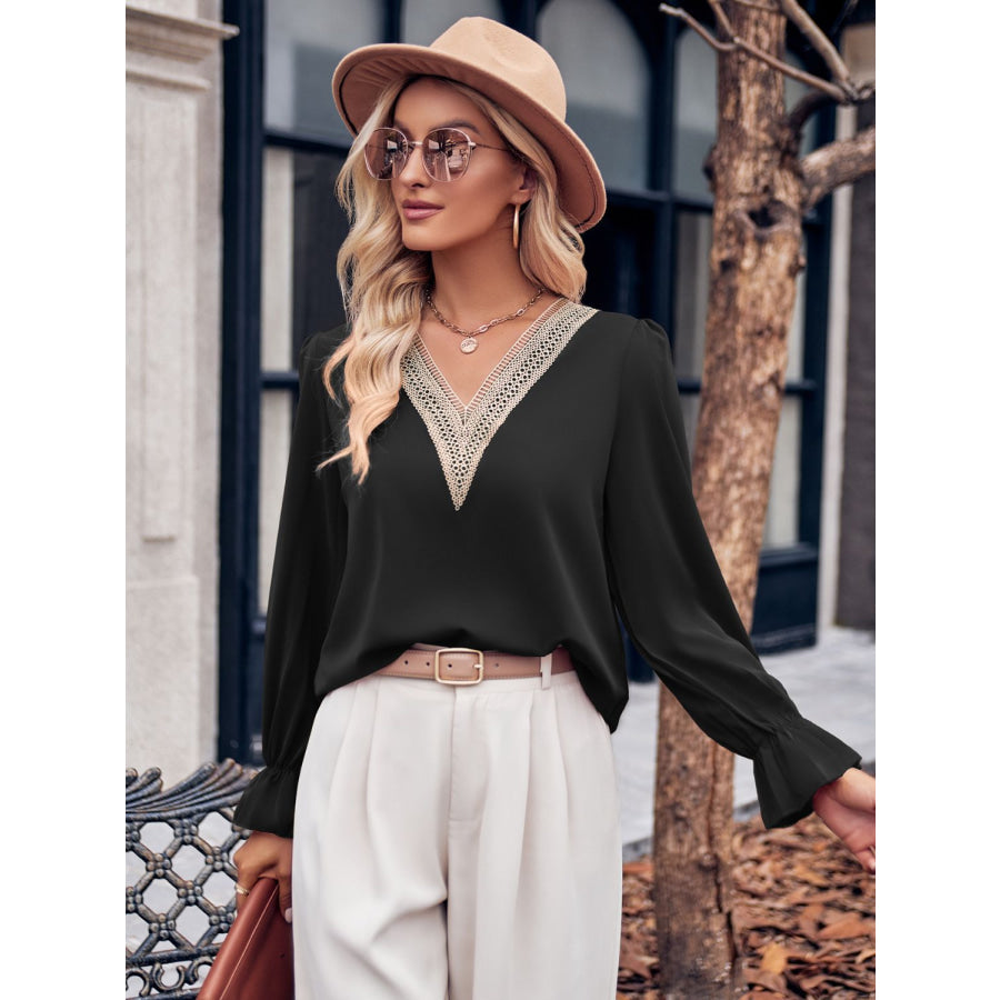 Ruffled V-Neck Flounce Sleeve Blouse Apparel and Accessories