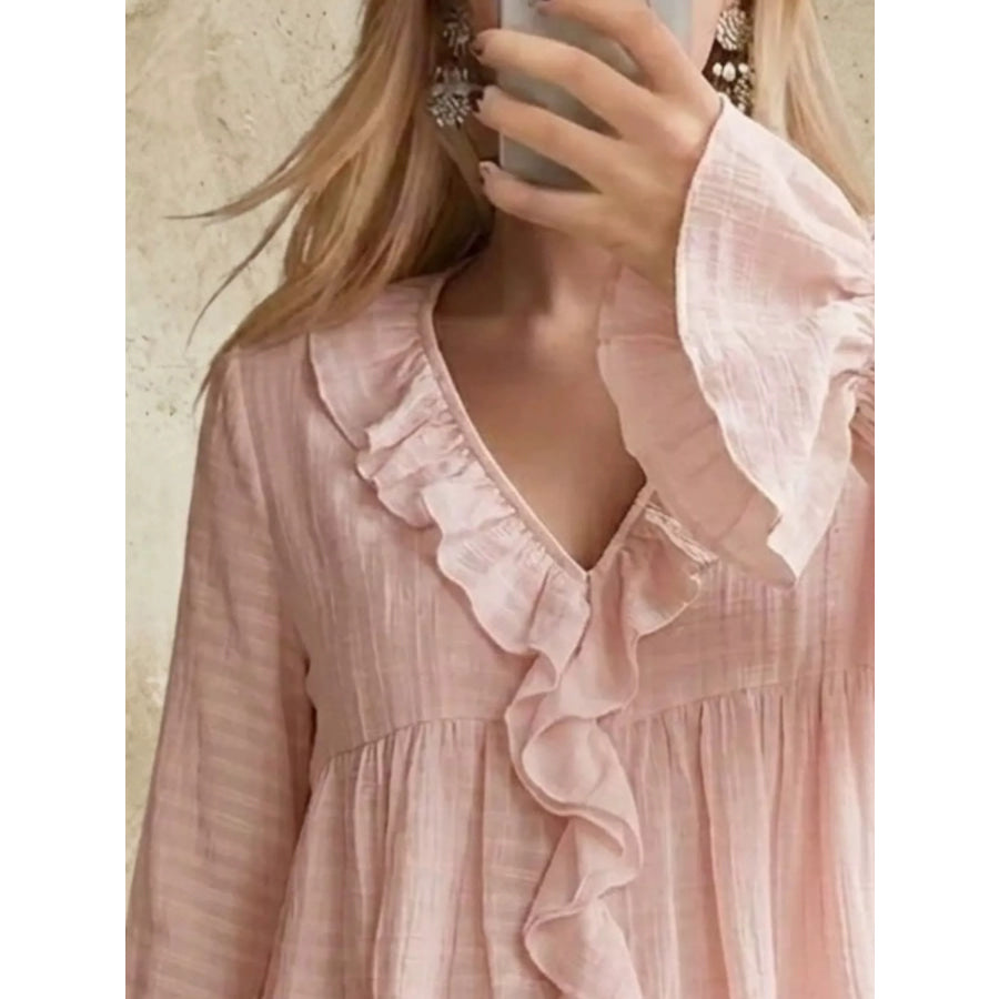 Ruffled V-Neck Flounce Sleeve Blouse Apparel and Accessories