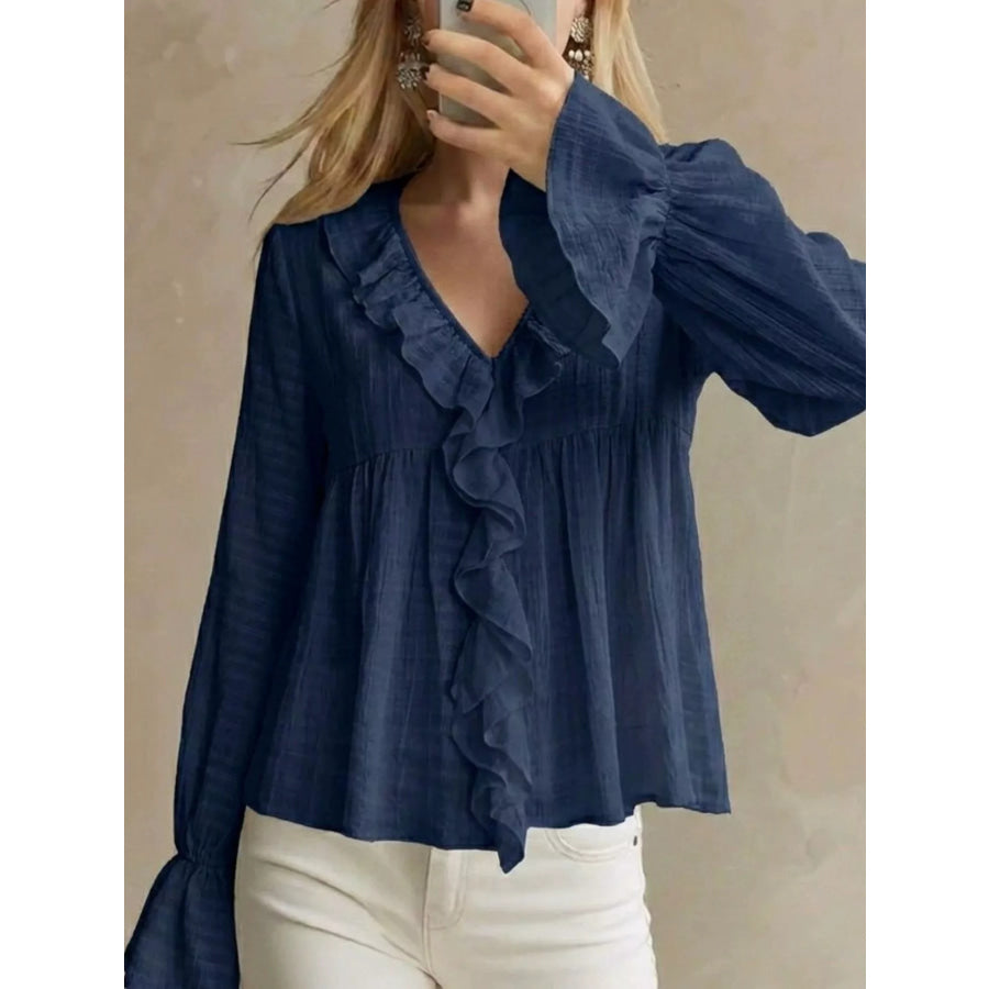Ruffled V-Neck Flounce Sleeve Blouse Dark Blue / S Apparel and Accessories