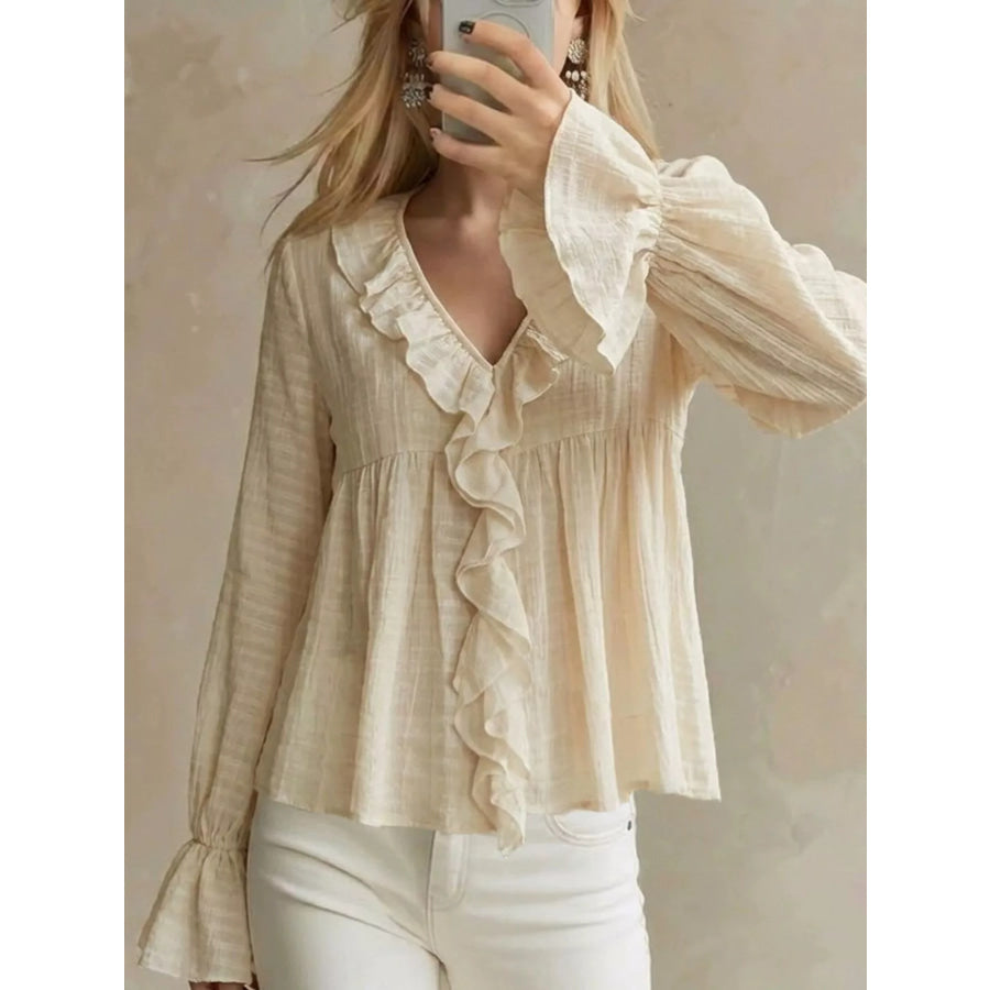 Ruffled V-Neck Flounce Sleeve Blouse Off-white / S Apparel and Accessories