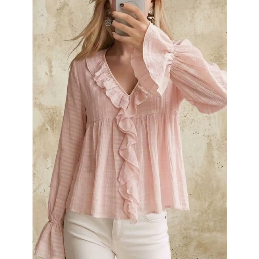 Ruffled V-Neck Flounce Sleeve Blouse Pink / S Apparel and Accessories
