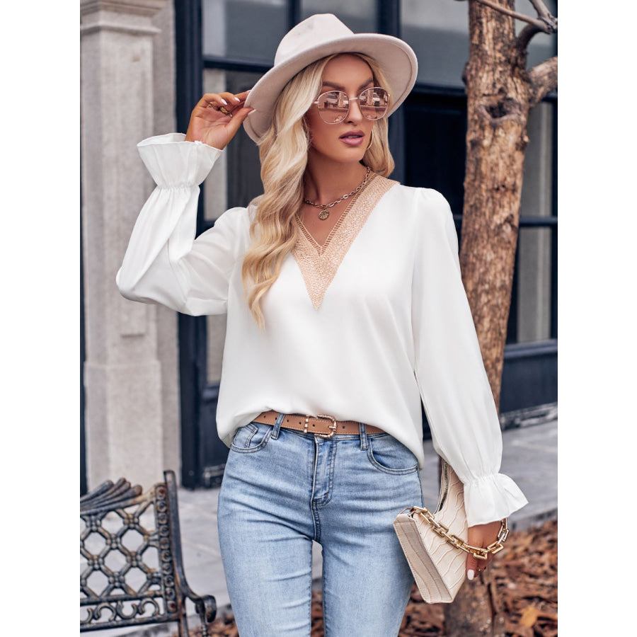 Ruffled V-Neck Flounce Sleeve Blouse White / S Apparel and Accessories