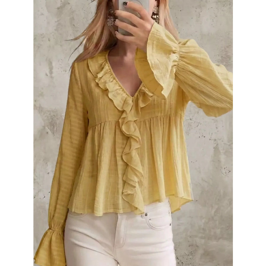 Ruffled V-Neck Flounce Sleeve Blouse Yellow / S Apparel and Accessories