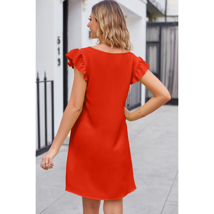 Ruffled V-Neck Flutter Sleeve Dress