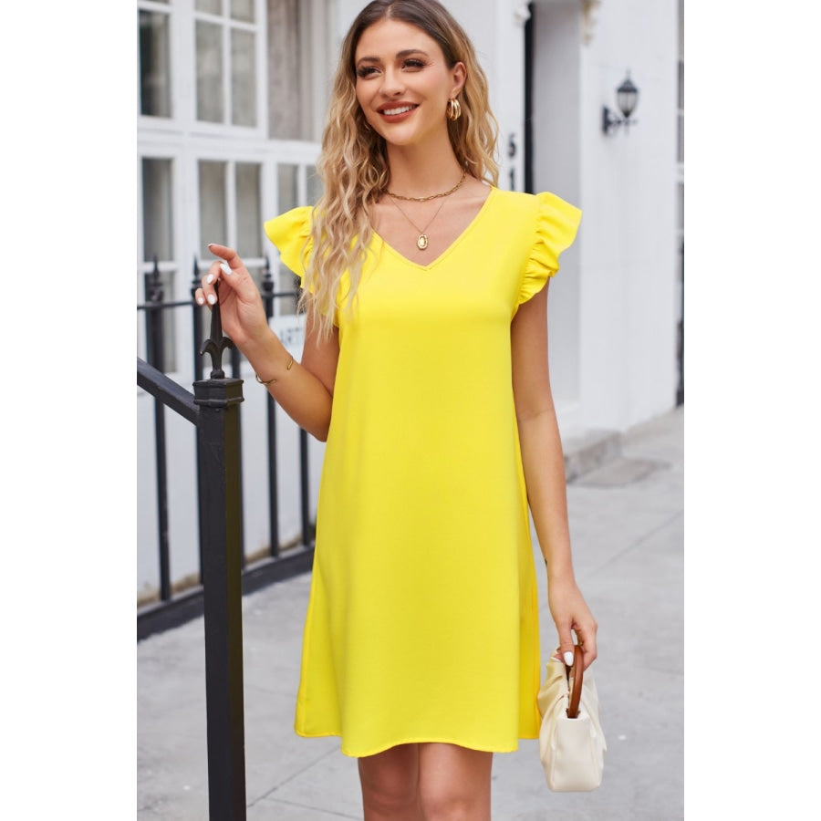 Ruffled V-Neck Flutter Sleeve Dress