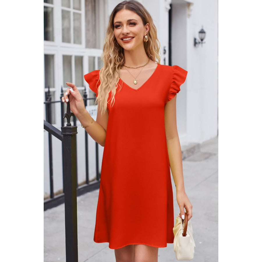 Ruffled V-Neck Flutter Sleeve Dress