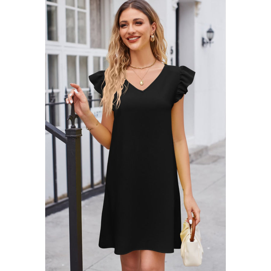 Ruffled V-Neck Flutter Sleeve Dress