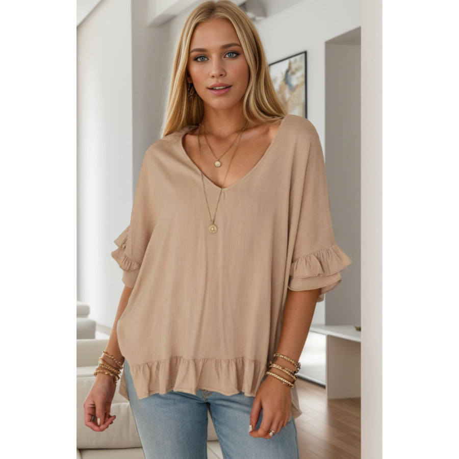 Ruffled V - Neck Half Sleeve Blouse Apparel and Accessories