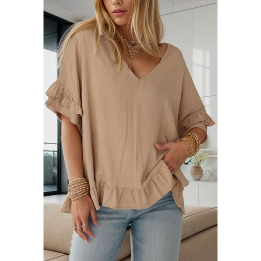 Ruffled V - Neck Half Sleeve Blouse Tan / S Apparel and Accessories