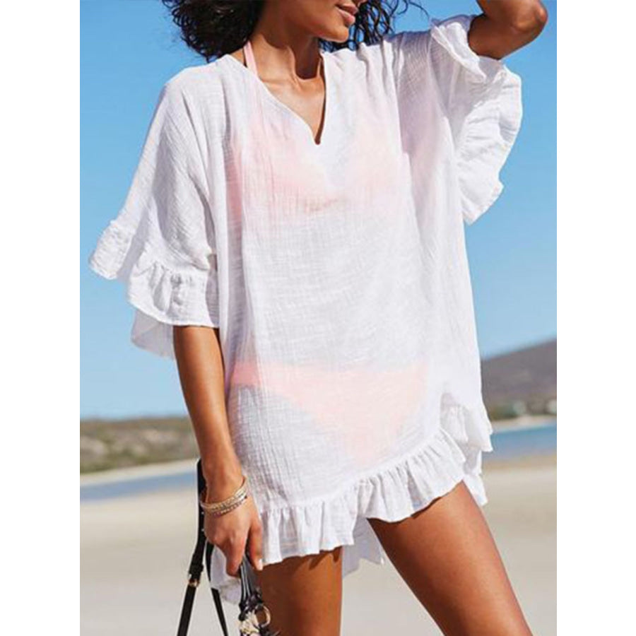 Ruffled V-Neck Half Sleeve Cover Up White / One Size Apparel and Accessories