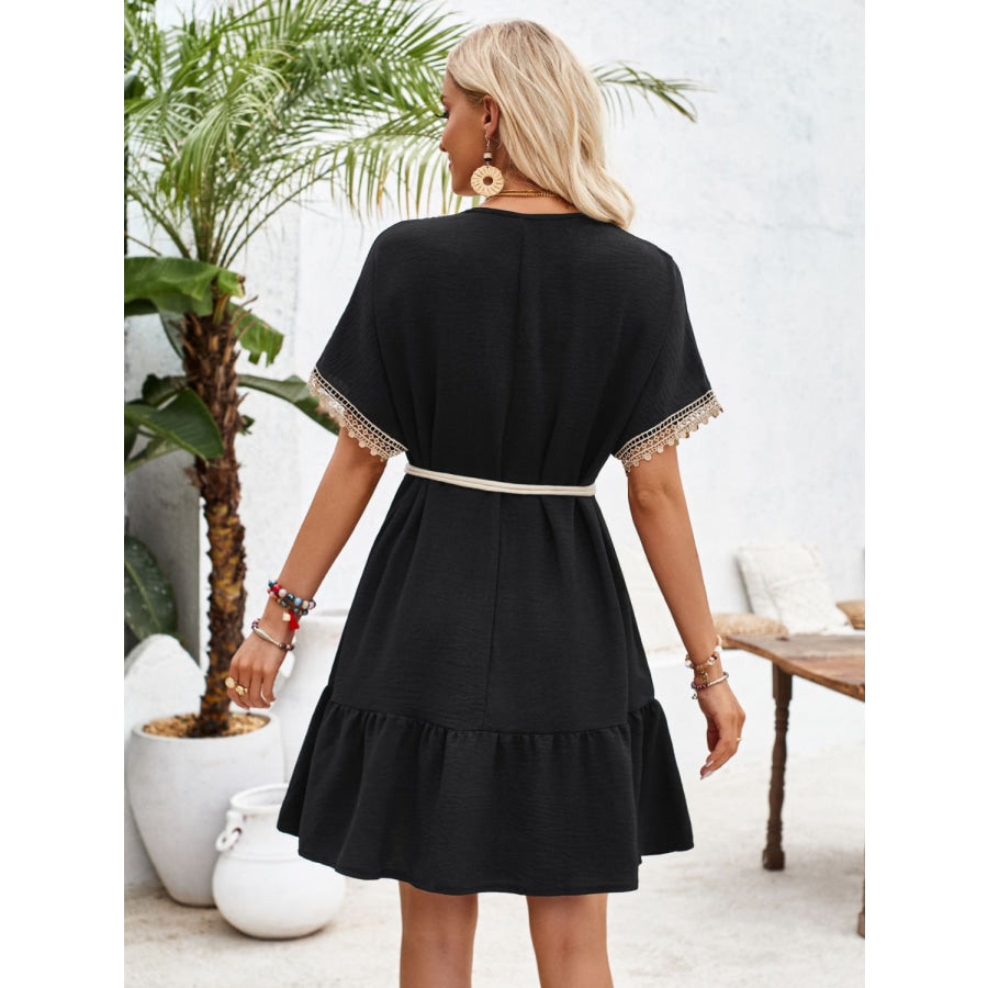 Ruffled V-Neck Half Sleeve Mini Dress Black / S Apparel and Accessories