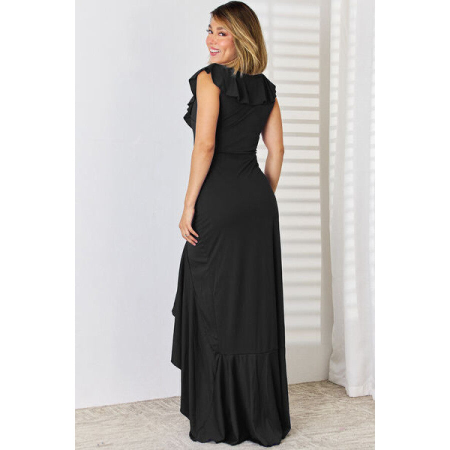 Ruffled V-Neck High-Low Dress Black / S Apparel and Accessories