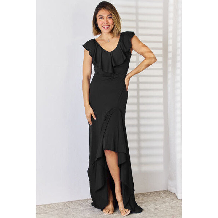 Ruffled V-Neck High-Low Dress Black / S Apparel and Accessories