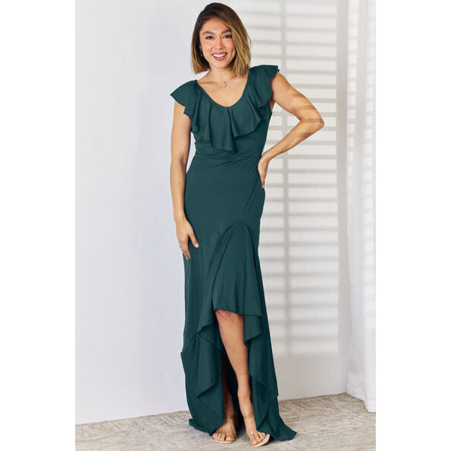 Ruffled V-Neck High-Low Dress Green / S Apparel and Accessories