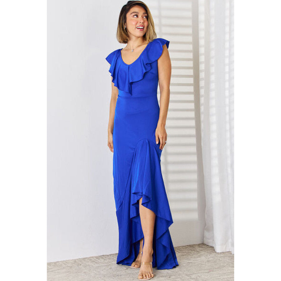 Ruffled V-Neck High-Low Dress Navy / S Apparel and Accessories