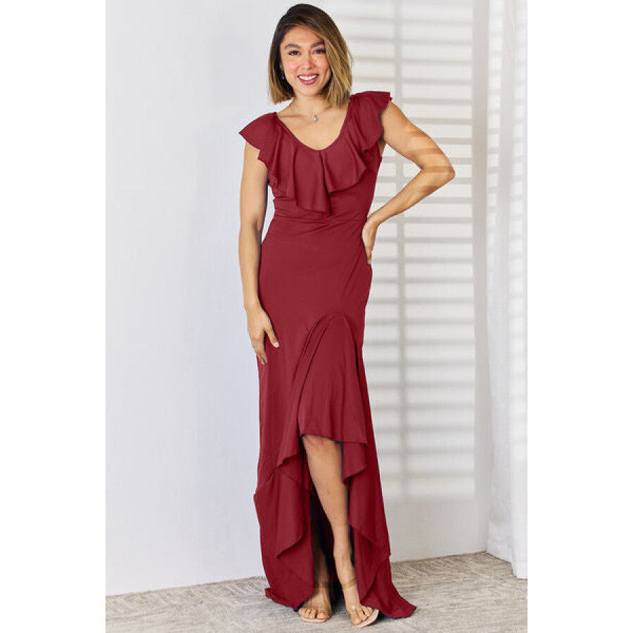 Ruffled V-Neck High-Low Dress Wine / S Apparel and Accessories