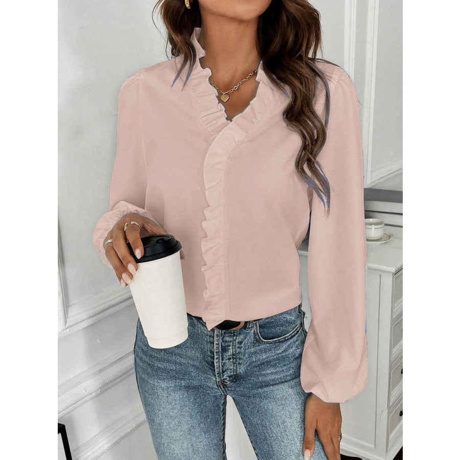 Ruffled V - Neck Long Sleeve Blouse Apparel and Accessories