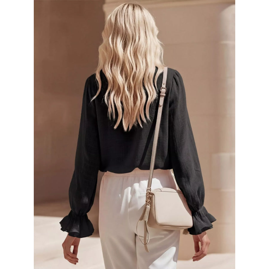 Ruffled V-Neck Long Sleeve Blouse Apparel and Accessories